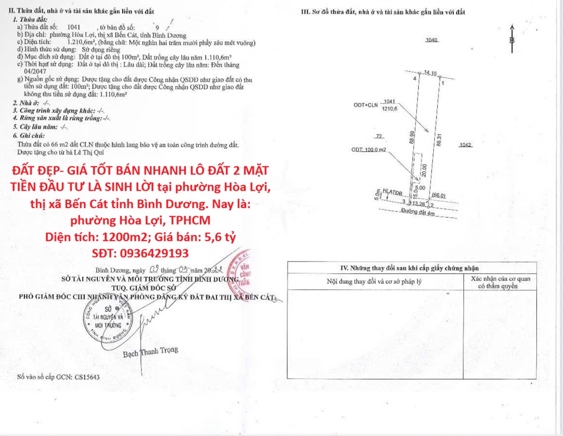ĐẤT ĐẸP- GIÁ TỐT BÁN NHANH LÔ ĐẤT 2 MẶT TIỀN ĐẦU TƯ LÀ SINH LỜI tại Bến Cát, Bình Dương 16008955