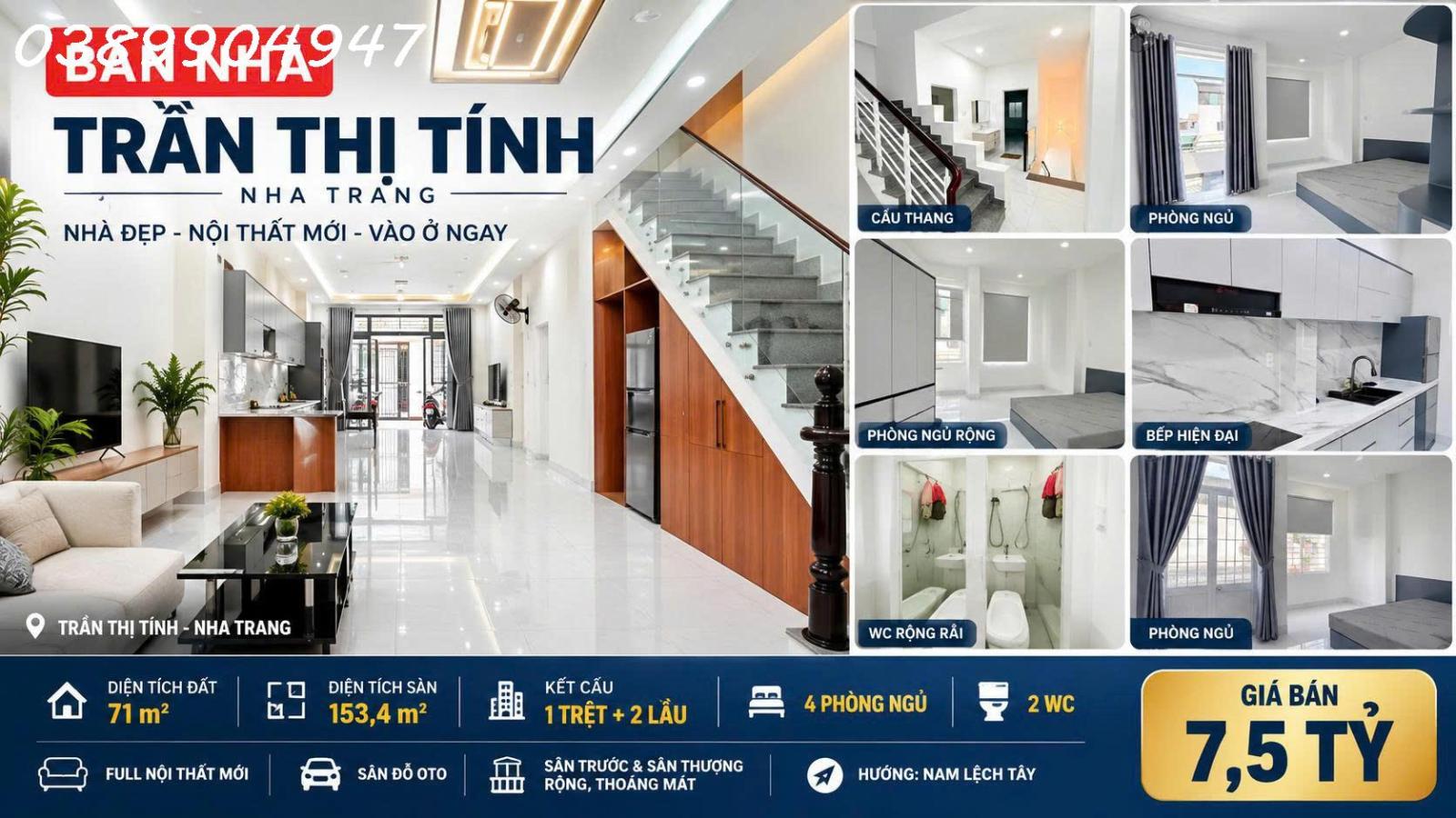 BÁN NHÀ MỚI 3 TẦNG MẶT TIỀN ĐƯỜNG TRẦN THỊ TÍNH NHA TRANG – DIỆN TÍCH SÀN 153,4M² FULL NỘI THẤT CAO 16009230