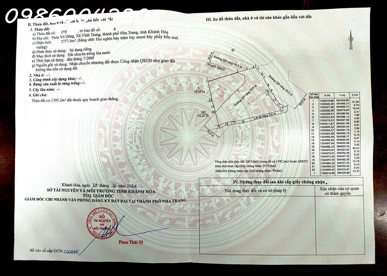 Bán lô đất siêu đẹp gần Võ Nguyên Giáp, Tây Nha Trang, Khánh Hòa, DT 2.777m2, giá đầu tư 16009299