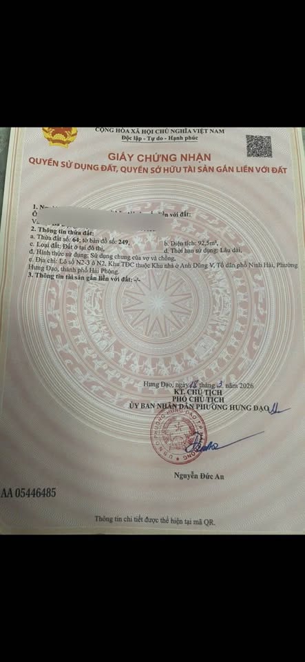 Bán lô đất có diện tích 92,5m2 (Ngang 5m - Sâu 18,5m) Tại TĐC Anh Dũng 5 - phường Hưng Đạo - TP Hải 16009415