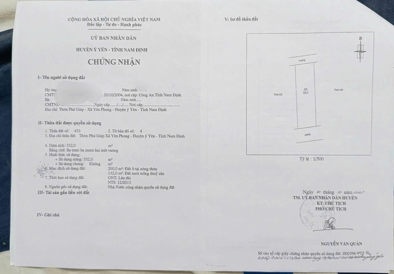 BÁN LÔ ĐẤT 332M²- MẶT TIỀN 10,5M- HƯỚNG NAM- GẦN CẦU BẾN MỚI, XÃ Ý YÊN, NINH BÌNH 16009494