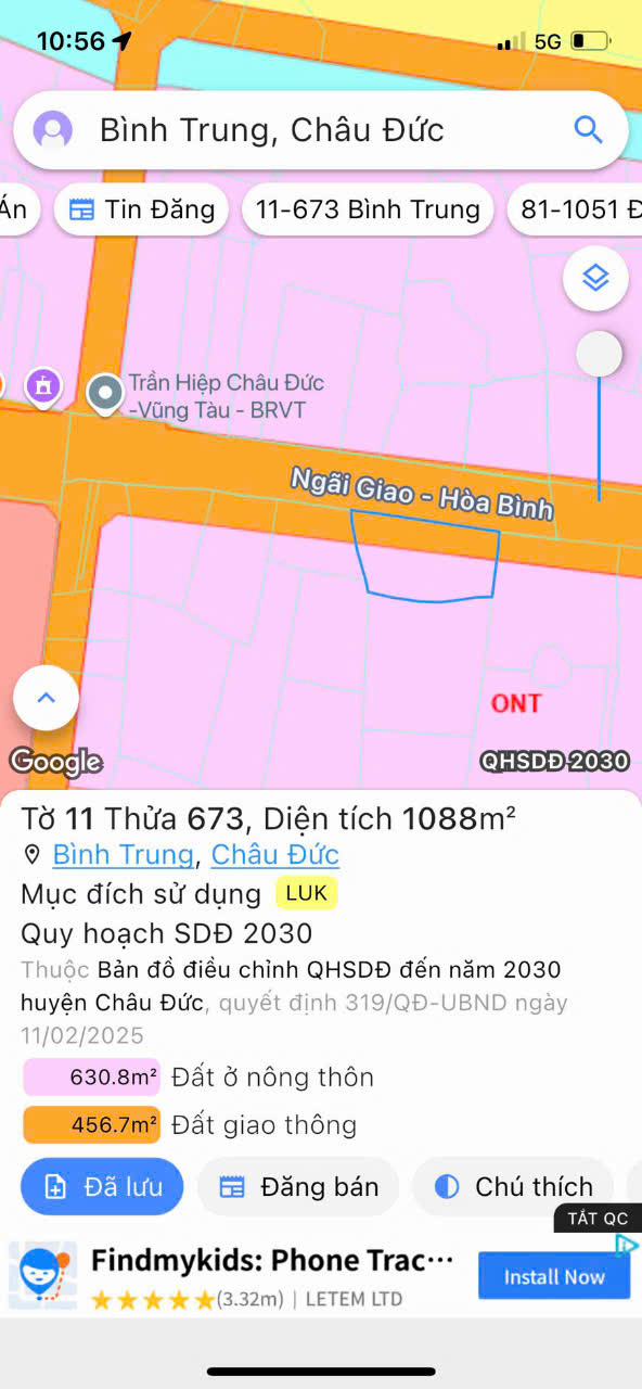 BÁN ĐẤT MẶT TIỀN MỸ XUÂN – NGÃI GIAO (BÌNH TRUNG, CHÂU ĐỨC 16010206