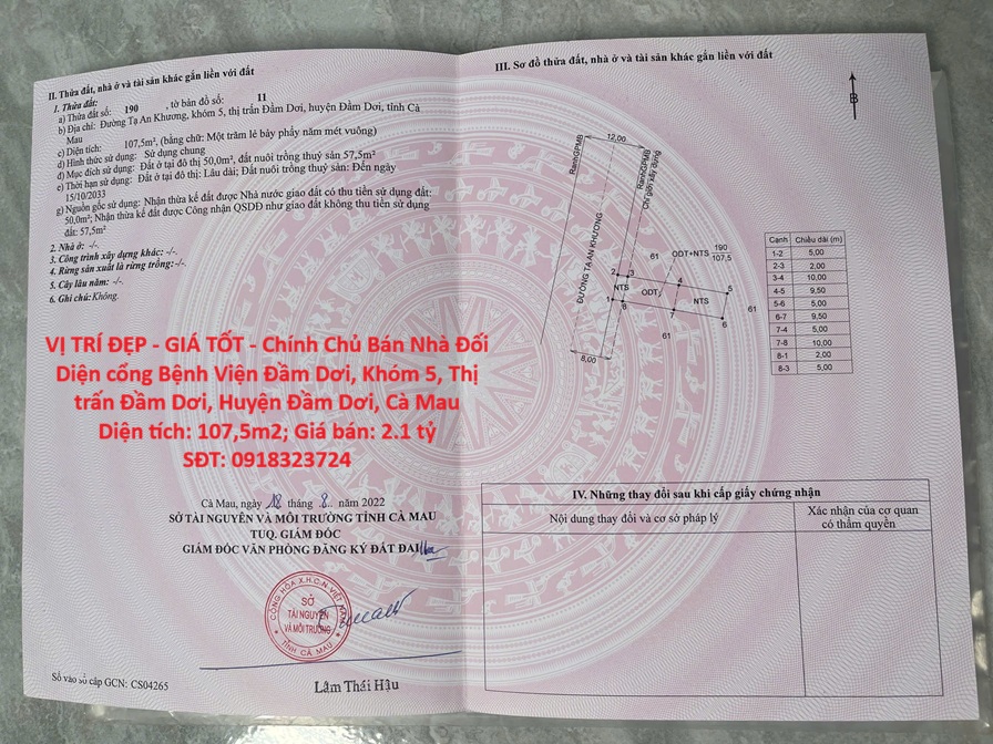 VỊ TRÍ ĐẸP - GIÁ TỐT - Chính Chủ Bán Nhà Đối Diện cổng Bệnh Viện Đầm Dơi, Cà Mau 16010708