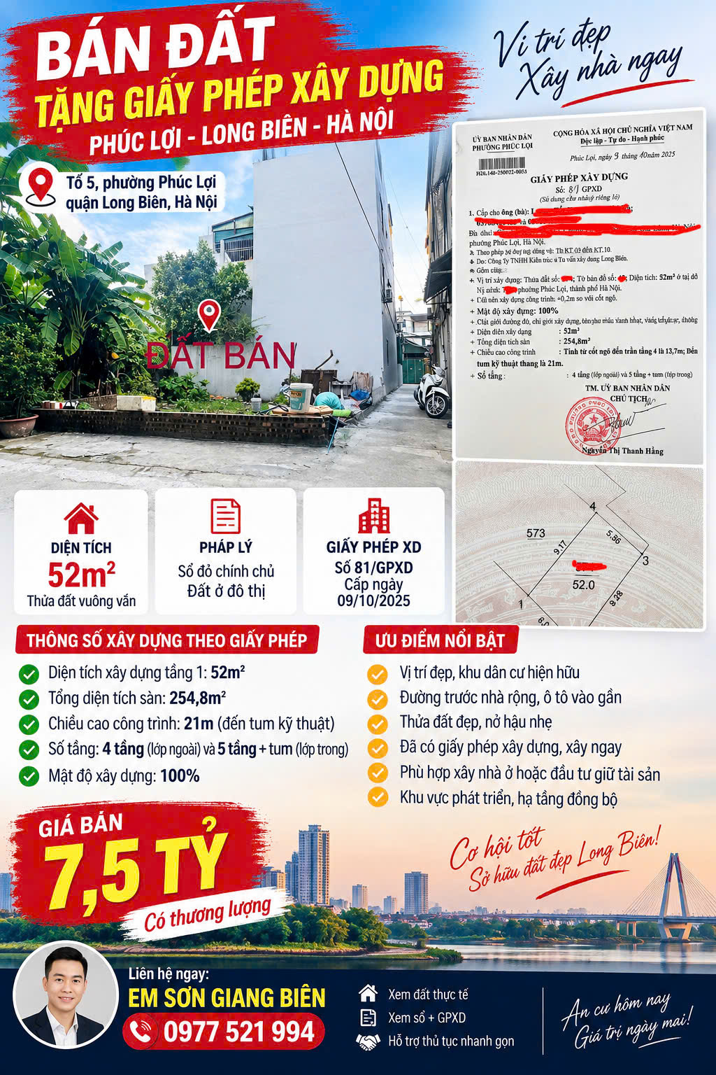 🔥 BÁN ĐẤT PHÚC lỢI TẶNG GIẤY PHÉP XÂY DỰNG LONG BIÊN 52M²  GIÁ 7,5 TỶ 🔥 16010869