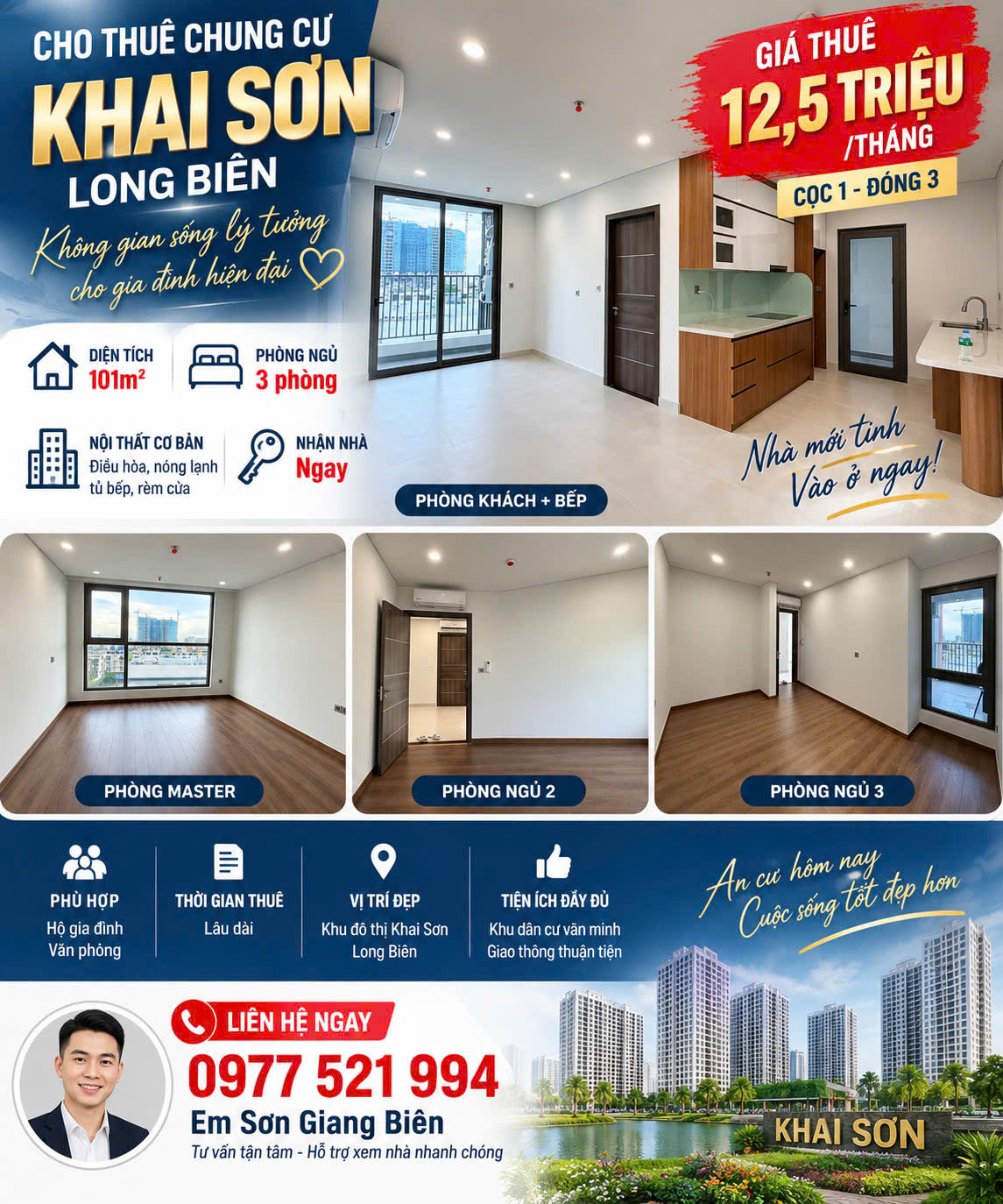 🏢 CHO THUÊ CHUNG CƯ KHAI SƠN LONG BIÊN CĂN 3 NGỦ  NHÀ MỚI TINH  101M²  12,5 TRIỆU/THÁNG 16010870