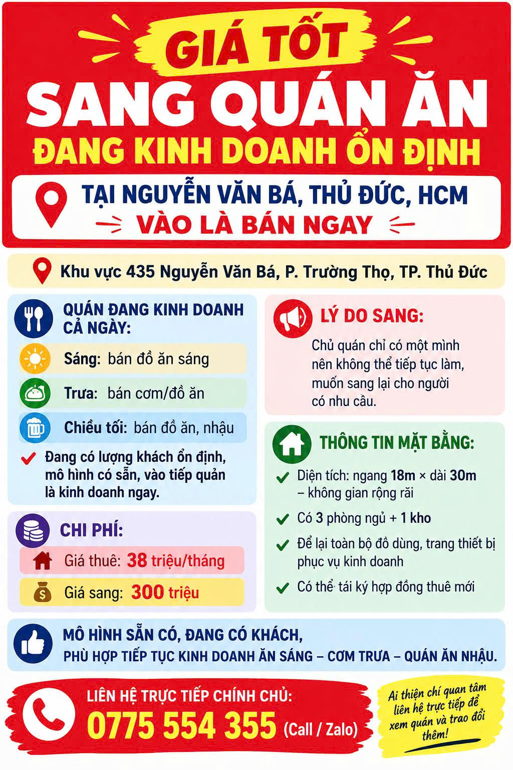 GIÁ TỐT – SANG QUÁN ĂN ĐANG KINH DOANH ỔN ĐỊNH – TẠI NGUYỄN VĂN BÁ, THỦ ĐỨC, HCM – VÀO LÀ BÁN NGAY 16011009