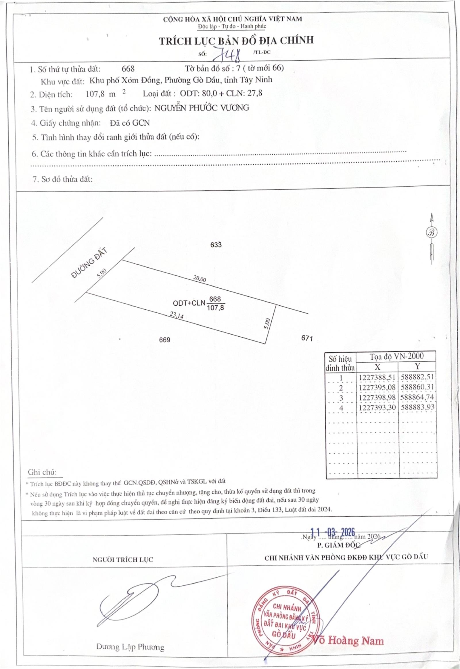 Chính chủ bán đất diện tích 107.8m2 sẵn sổ, giá tốt nhất khu vực Gò Dầu, Tây Ninh 16011130