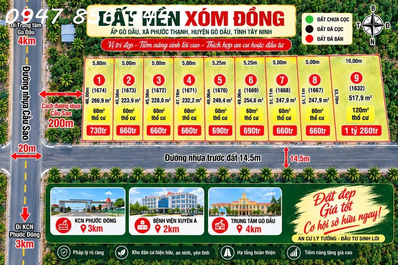KHÔNG THỂ BỎ LỠ -GÒ DẦU - TÂY NINH GIÁ F0 CHO ĐẦU TƯ CHỈ 660TR/1 NỀN 16011154