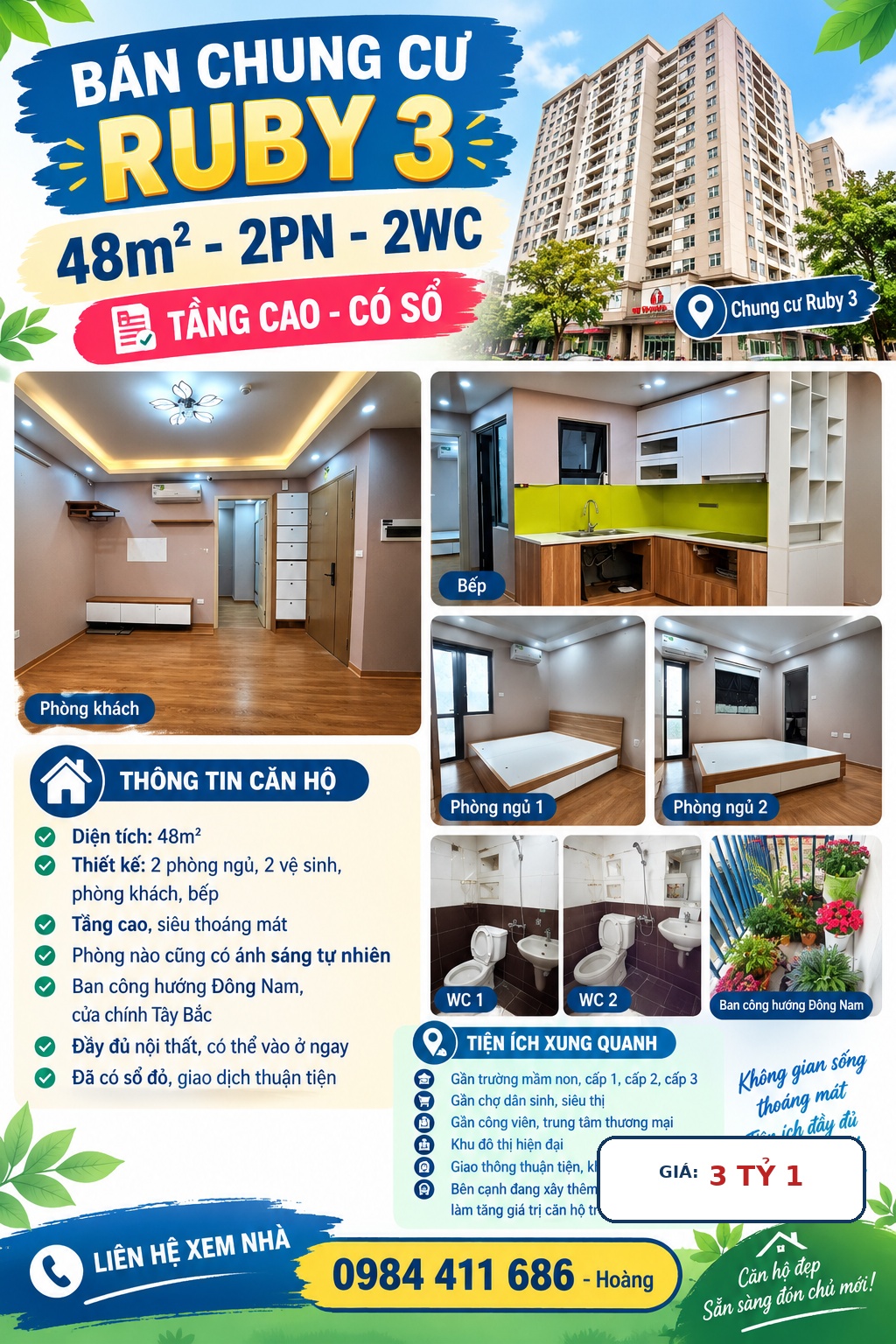 🏠 BÁN CHUNG CƯ RUBY 3 – 48M² – 2PN – 2WC – TẦNG CAO – CÓ SỔ 16011399