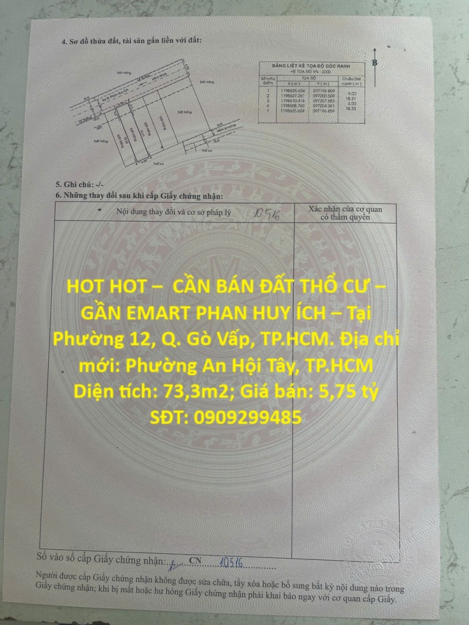 HOT HOT –  CẦN BÁN ĐẤT THỔ CƯ – GẦN EMART PHAN HUY ÍCH – Tại Phường 12, Q. Gò Vấp, TP.HCM 16011522
