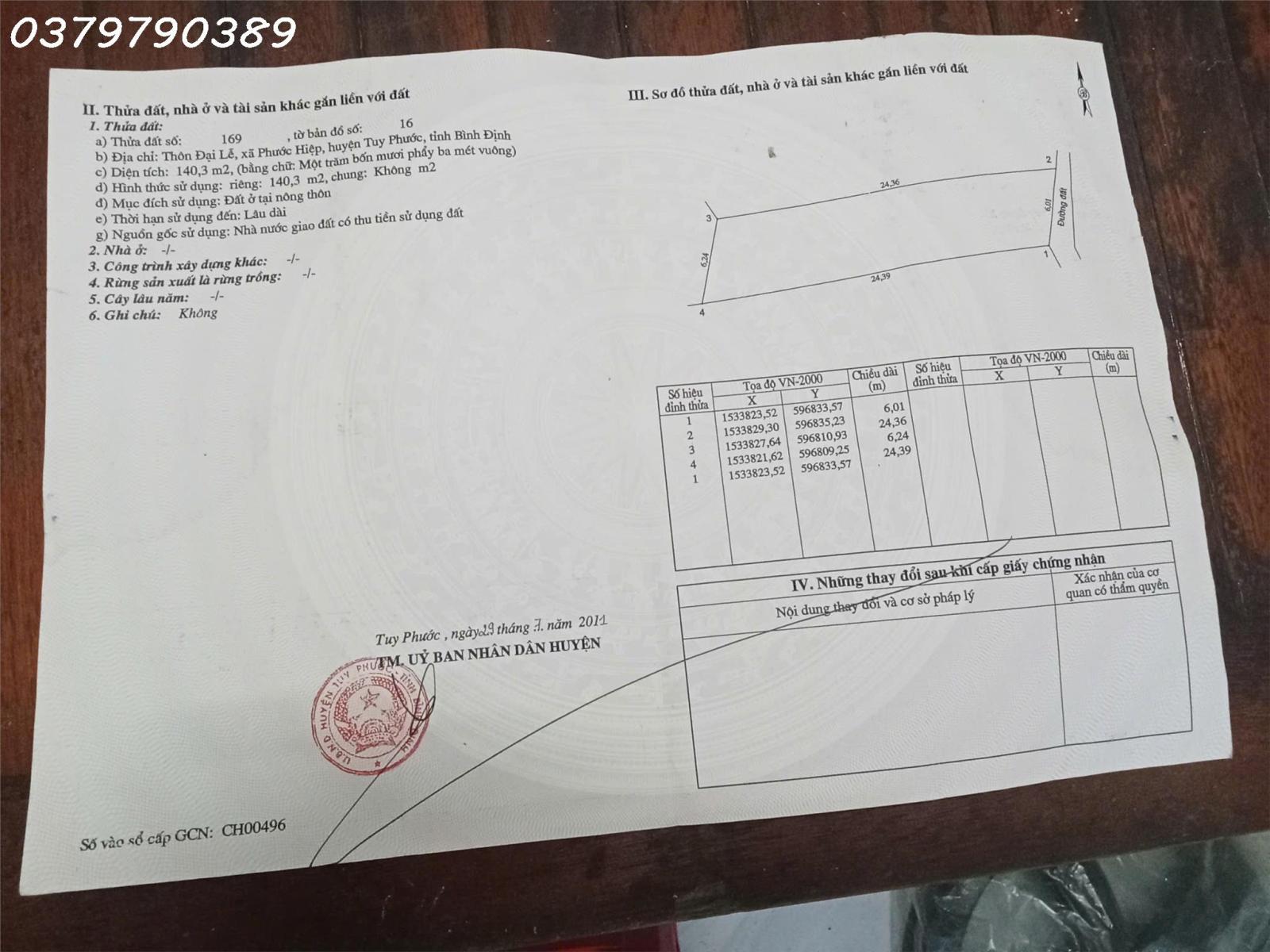 Chính chủ cần bán 140m2 tại Thôn Đại Lễ, Phước Hiệp, Tuy Phước, giá đầu tư 16011840