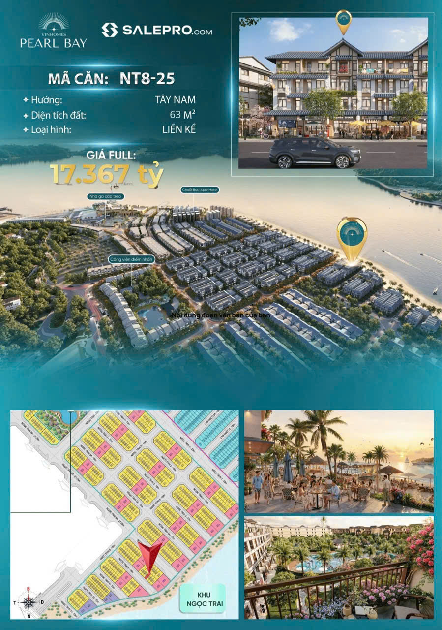 BÁN LIỀN KỀ VINHOMES PEARL BAY – KHU NGỌC TRAI  NT8-25  63M²  CÁCH BIỂN 28M  4 TẦNG  THANH TOÁN SỚM 16012118