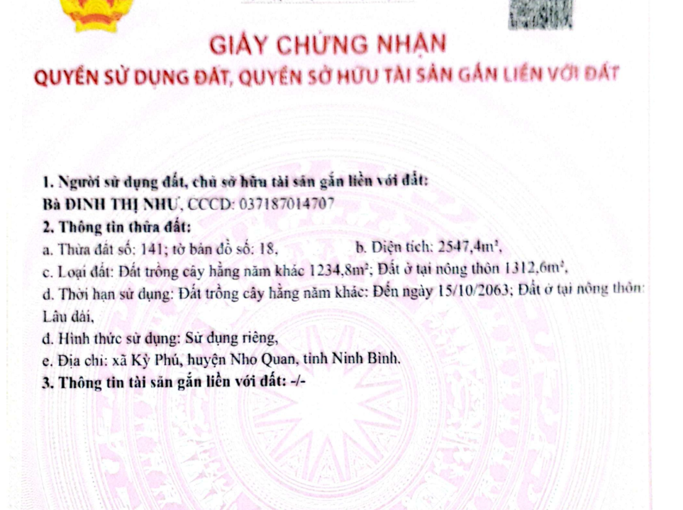 Cần Bán Nhanh Lô đẤT xÃ Quỳnh Lưu, Huyện Nho Quan , ninh Bình. 16012140