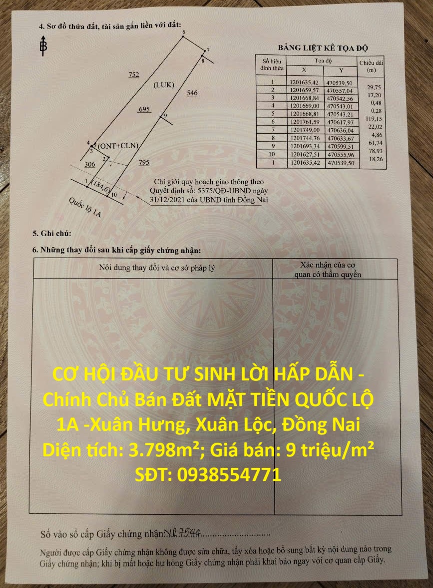 CƠ HỘI ĐẦU TƯ SINH LỜI HẤP DẪN -Chính Chủ Bán Đất MẶT TIỀN QUỐC LỘ 1A -Xuân Hưng, Xuân Lộc, Đồng Nai 16012154