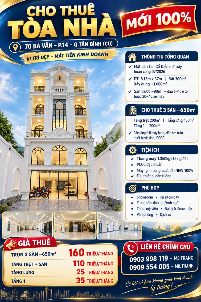 CHO THUÊ TÒA NHÀ MỚI – 70 BA VÂN, P.14, Q.TÂN BÌNH (CŨ) - VỊ TRÍ ĐẸP – MẶT TIỀN KINH DOANH 16012364