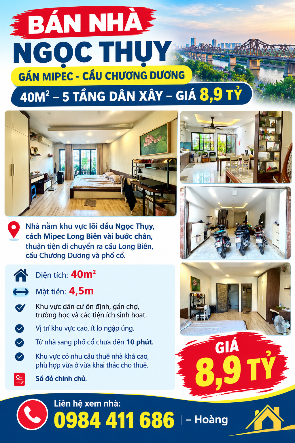 🏠 BÁN NHÀ NGỌC THỤY - GẦN MIPEC - CẦU CHƯƠNG DƯƠNG – 40M² – 5 TẦNG DÂN XÂY – GIÁ 8,9 TỶ 16012482