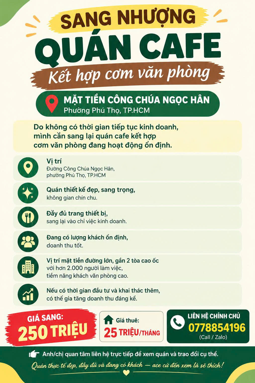 SANG NHƯỢNG QUÁN CAFE KẾT HỢP CƠM VĂN PHÒNG – MẶT TIỀN CÔNG CHÚA NGỌC HÂN, HCM 16012956