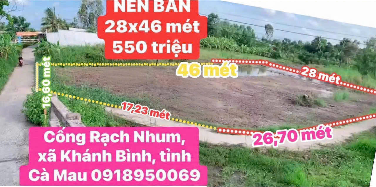 BÁN ĐẤT NỀN 2 MẶT TIỀN GẦN CỐNG RẠCH NHUM – XÃ KHÁNH BÌNH, CÀ MAU 16013144