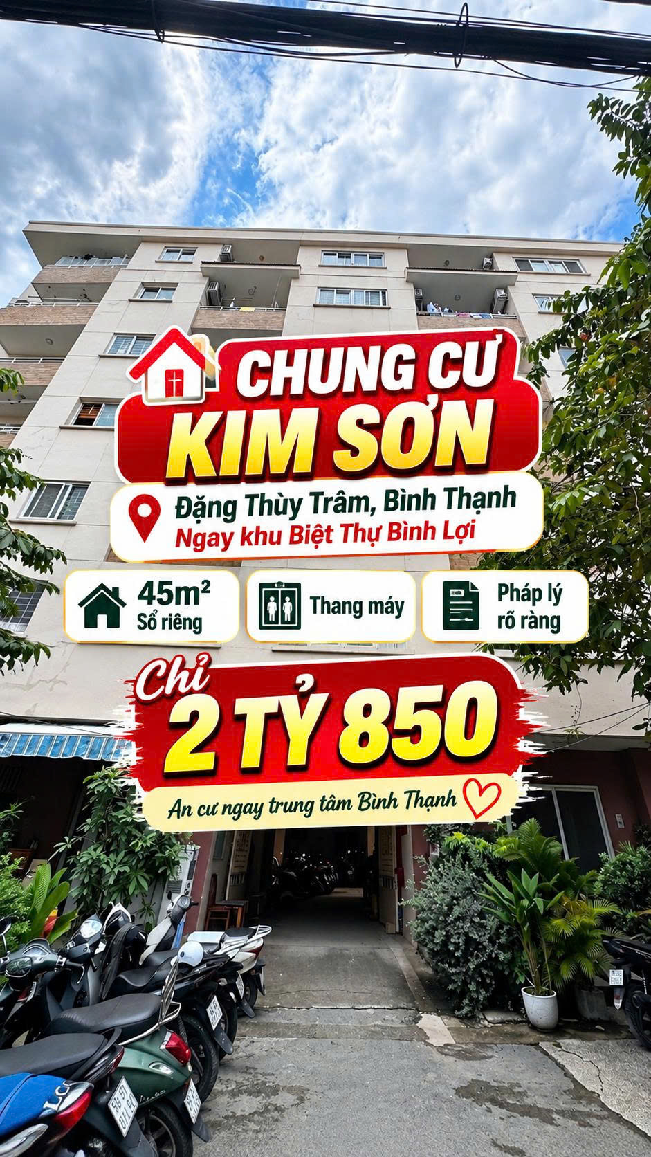 Bán CC Kim Sơn 1, Bình Lợi ,Đặng Thùy Trâm 45m2 có thang máy Sổ riêng 2.85tỷ 16013332