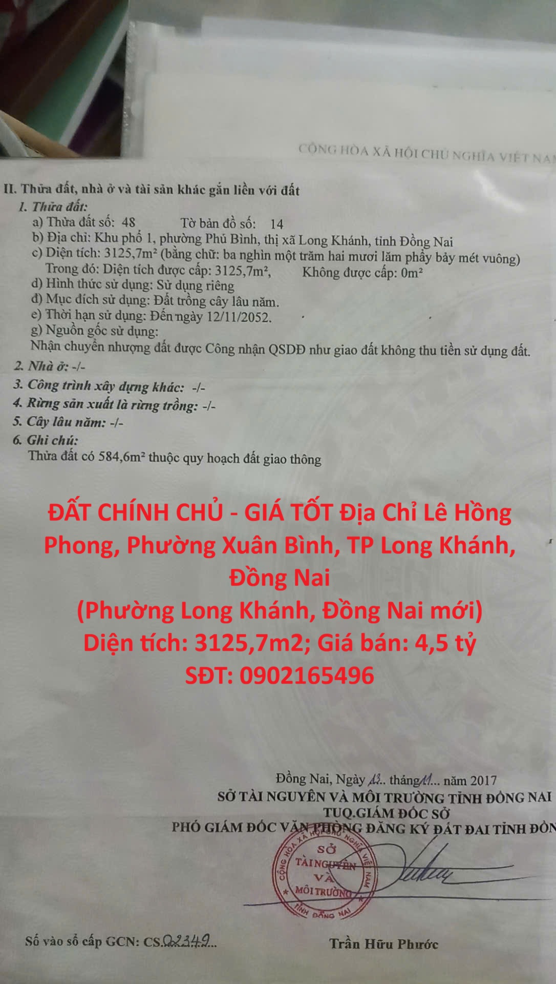 ĐẤT CHÍNH CHỦ - GIÁ TỐT Địa Chỉ Lê Hồng Phong, Phường Xuân Bình, TP Long Khánh, Đồng Nai 16013521