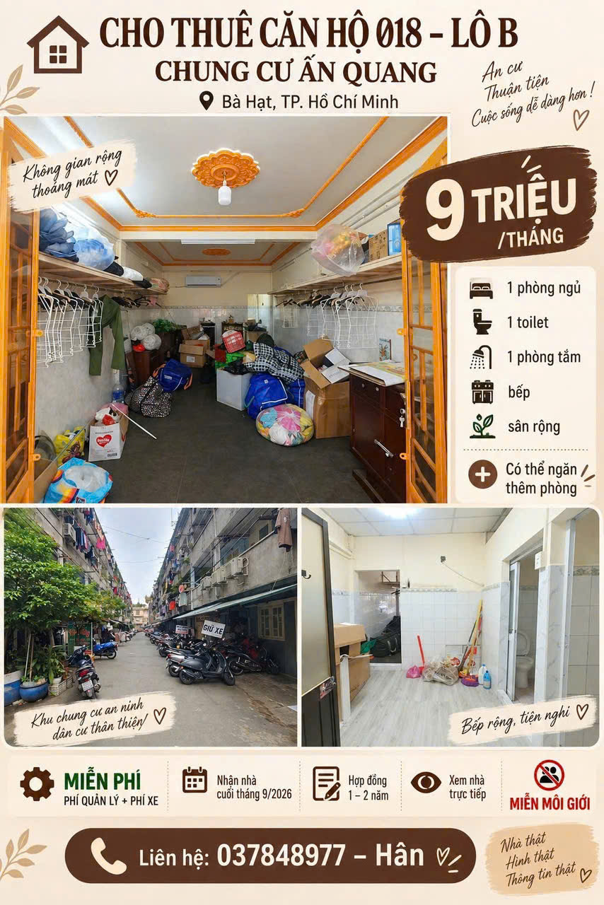 CHÍNH CHỦ CHO THUÊ CĂN HỘ 018 – LÔ B, CHUNG CƯ ẤN QUANG, BÀ HẠT, PHƯƠNG 9, QUẬN 10,TPHCM 16014133