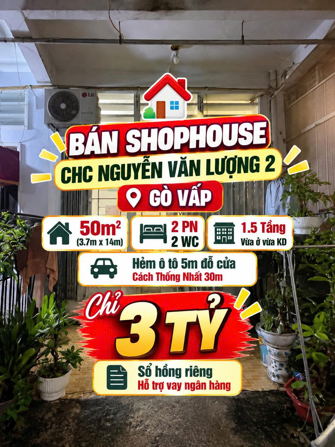 Bán Shophouse trệt 50m2 ,2PN Nguyễn Văn Lượng 2, Gò Vấp hẻm ô tô 3tỷ 16014725