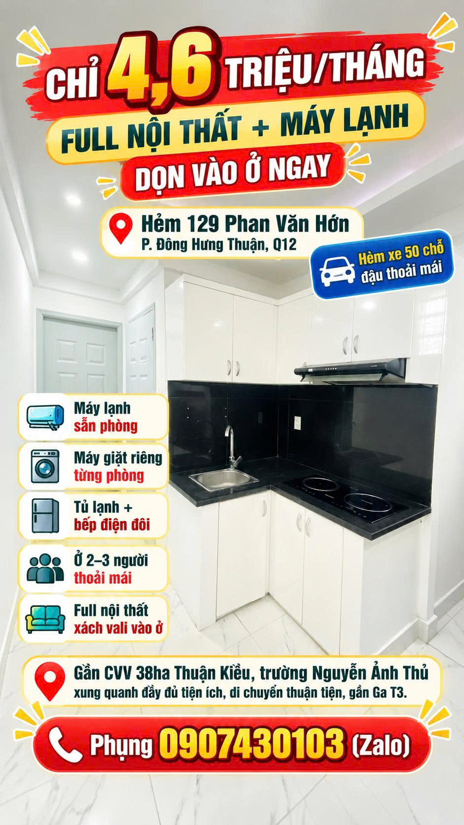 Cho thuê phòng Full nội thất Phan Văn Hớn Q12 hẻm xe 50 chỗ 4.6 triệu 16014904