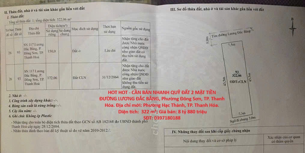 HOT HOT - CẦN BÁN NHANH QUỸ ĐẤT 2 MẶT TIỀN ĐƯỜNG LƯƠNG ĐẮC BẰNG, Phường Đông Sơn, TP. Thanh Hóa 16016164