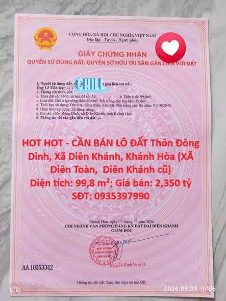 HOT HOT - CẦN BÁN LÔ ĐẤT Thôn Đông Dinh, Xã Diên Khánh, Khánh Hòa (XÃ Diên Toàn,  Diên Khánh cũ) 16016569