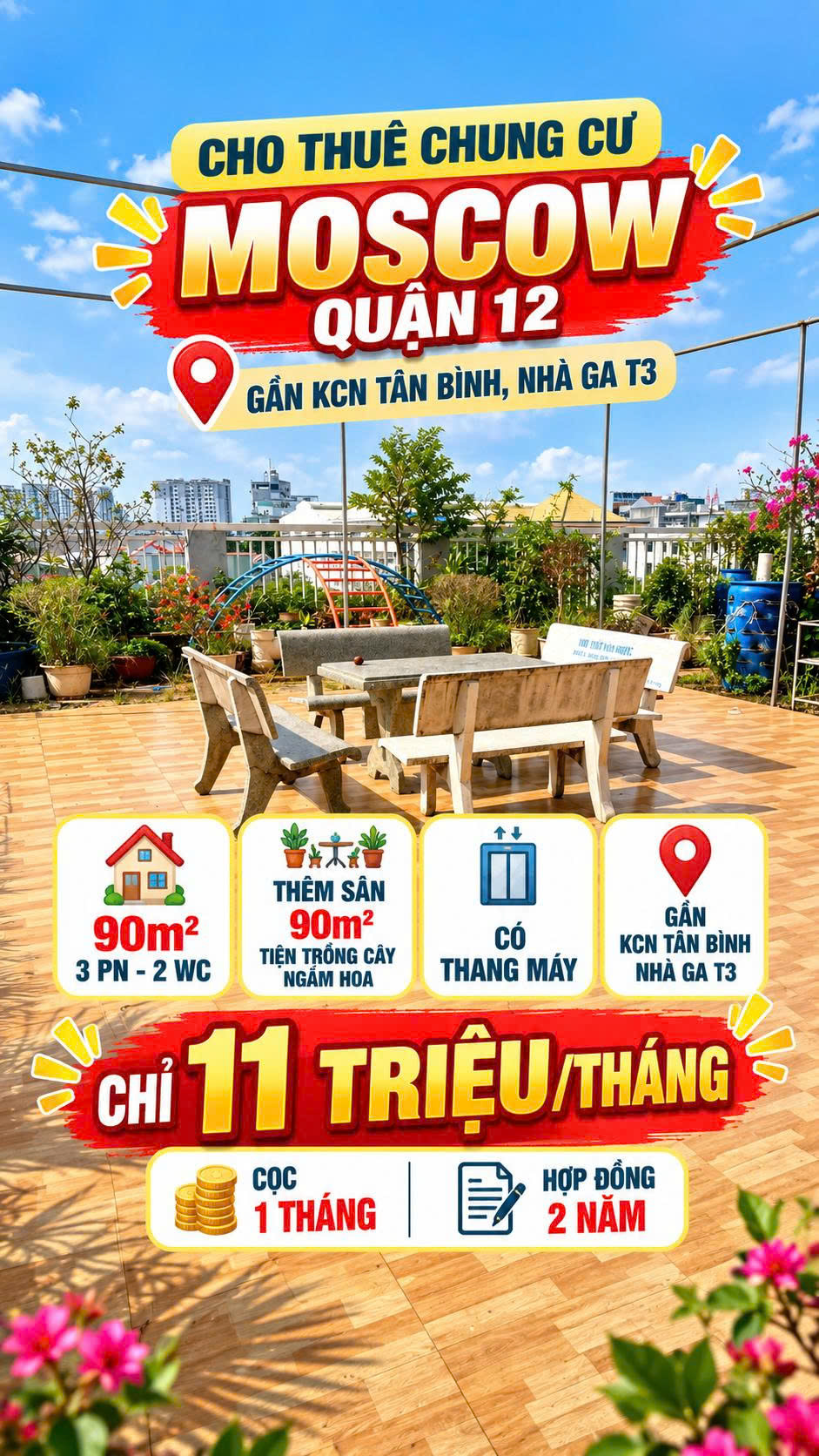 Cho thuê CC Moscow Q12 sát KCN Tân Bình 90m2, 3PN, sân vườn,11tr/th 16016701