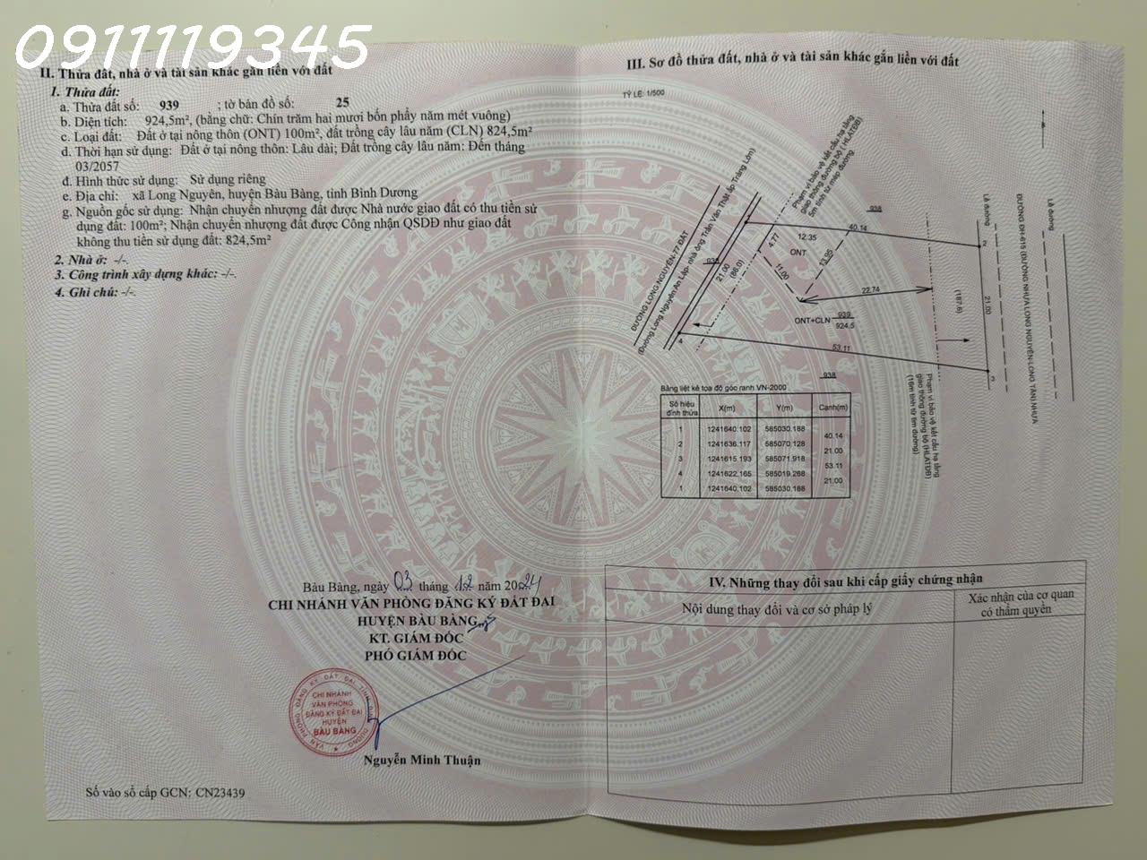 Chính chủ cần bán lô đất siêu đẹp 2 mặt tiền đường DH615, Long Nguyên, Bàu Bàng, 924,5 m2 16016877