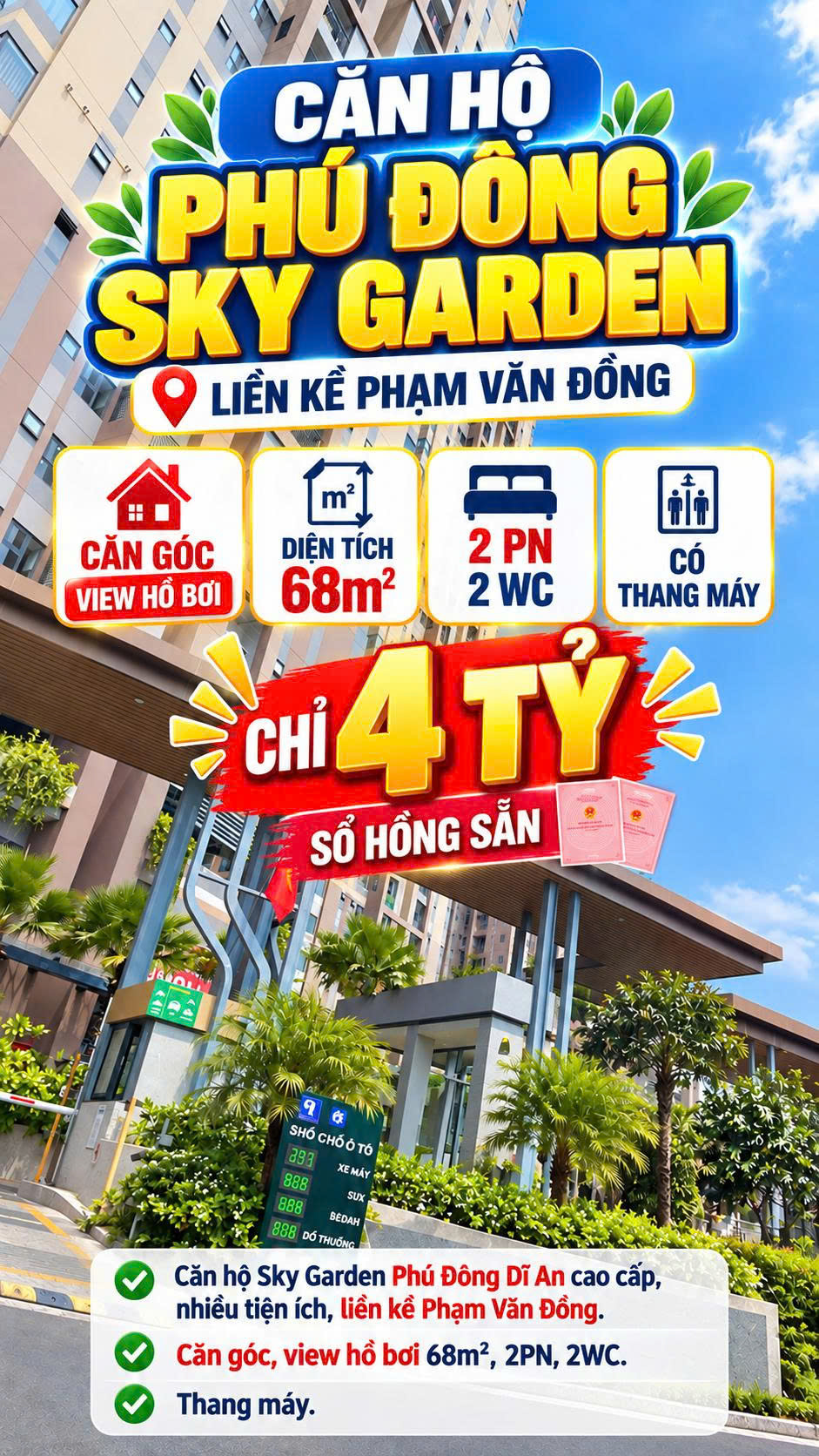 Bán căn hộ góc 68m2 Phú Đông Sky Garden sát Phạm Văn Đồng Sổ sẵn 4tỷ 16016986