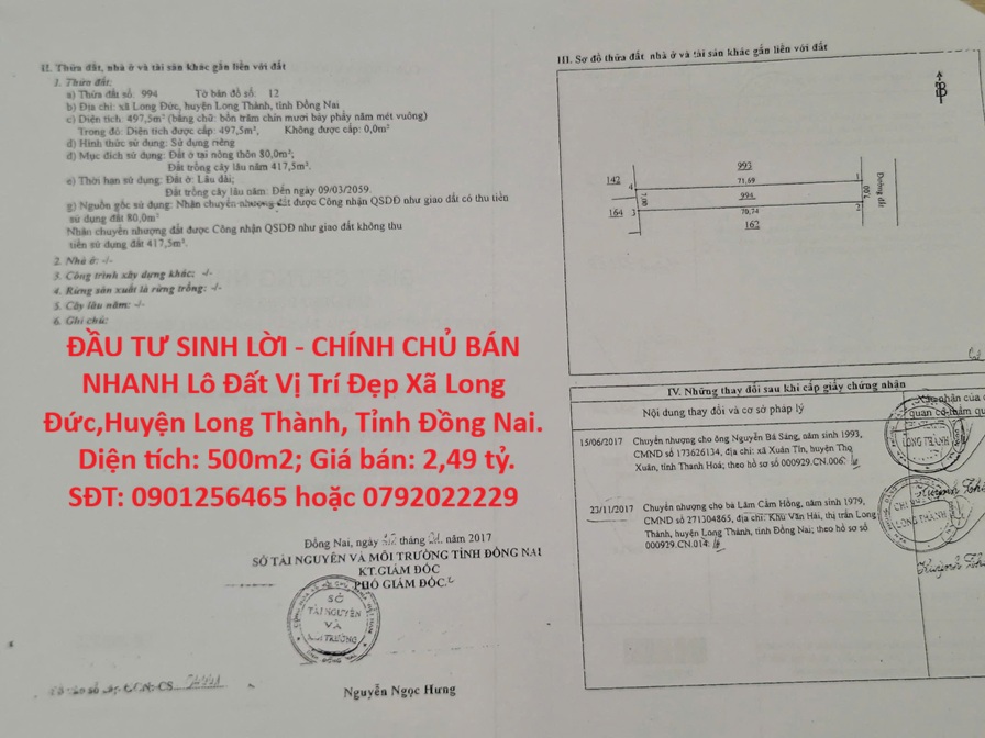 ĐẦU TƯ SINH LỜI - CHÍNH CHỦ BÁN NHANH Lô Đất Vị Trí Đẹp Xã Long Đức,Huyện Long Thành, Tỉnh Đồng Nai. 16017210