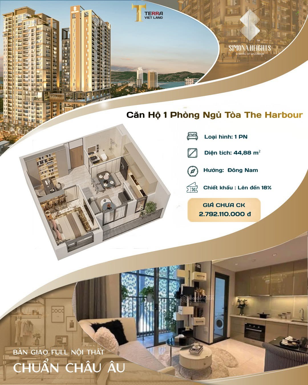 Căn hộ 1 phòng ngủ tại Simona Heights – Tòa The Harbour, Quy Nhơn, sở hữu diện tích 44,88m², bàn giao full nội thất 16017591
