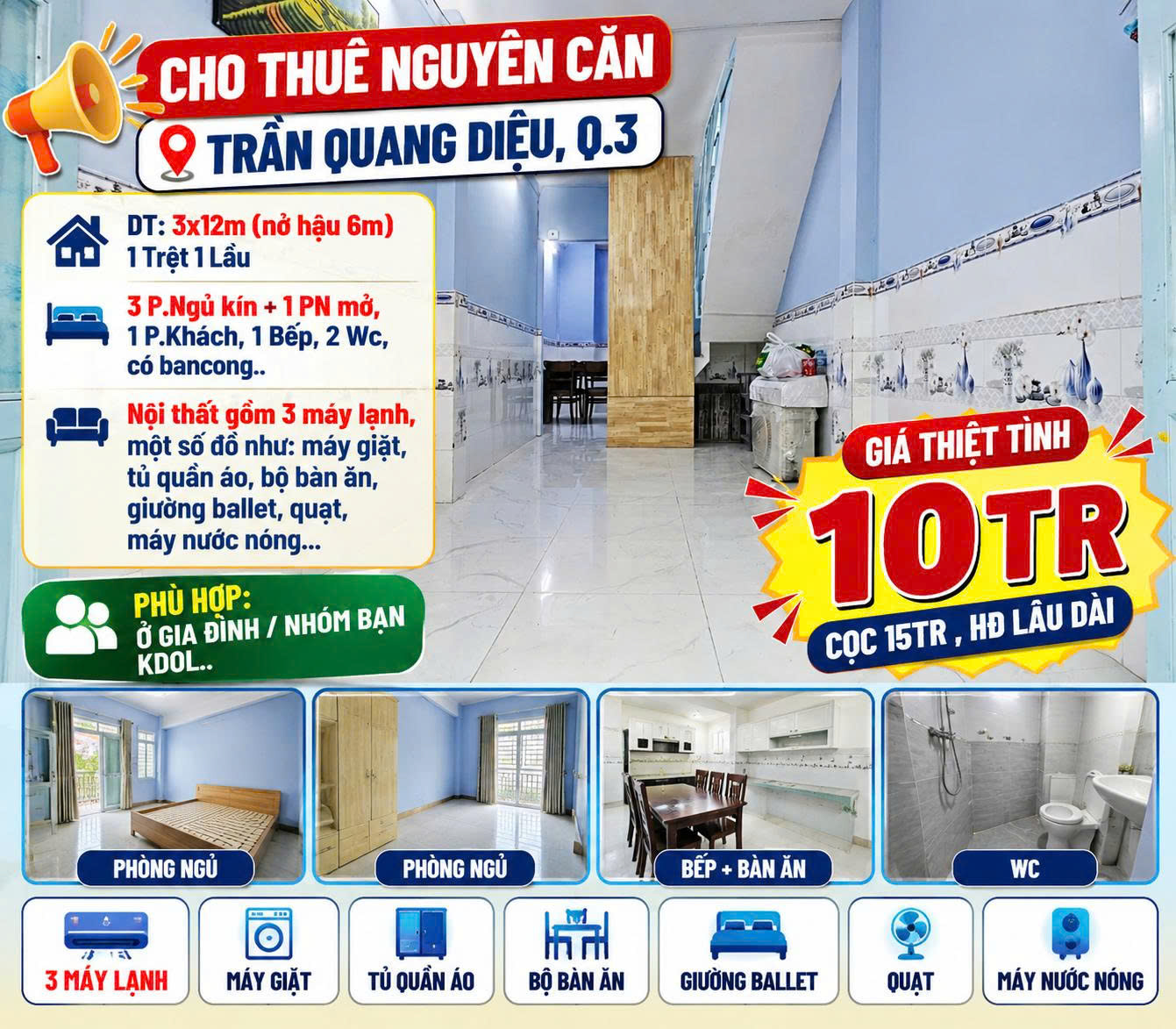 Cho thuê nhà nguyên căn Trần Quang Diệu, Q3 , 4PN chỉ 10tr 16017747