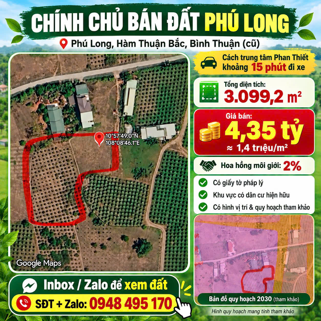 CHÍNH CHỦ BÁN HƠN 3.000m² ĐẤT VỊ TRÍ ĐẸP Tại THỊ TRẤN PHÚ LONG, HÀM THUẬN BẮC, BÌNH THUẬN 16018039