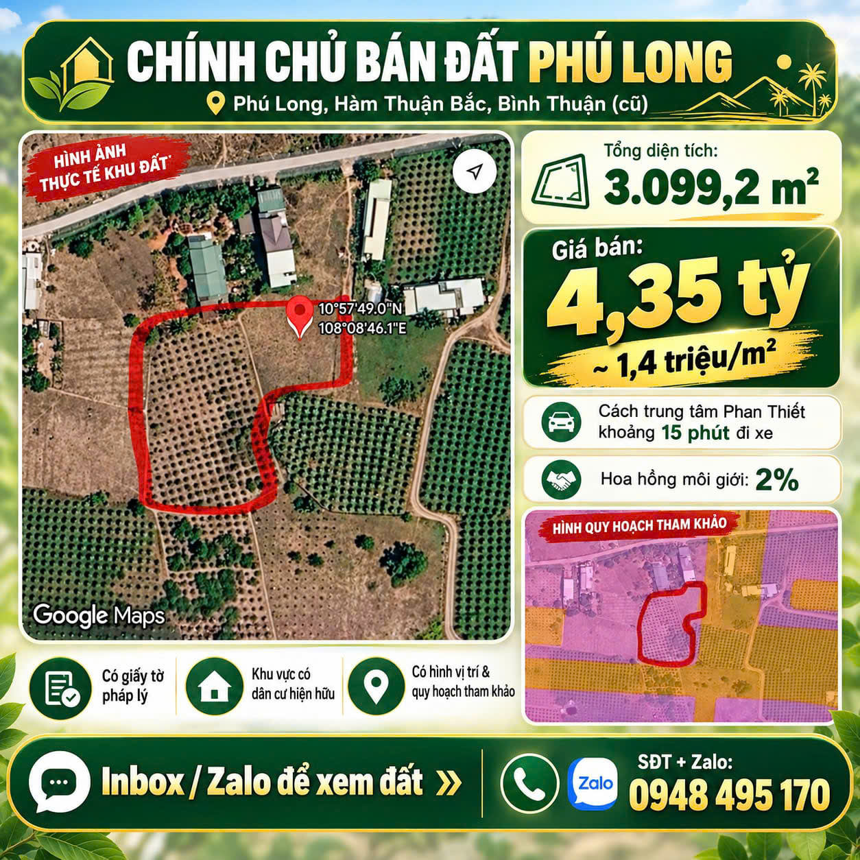 CHÍNH CHỦ BÁN HƠN 3.000m² ĐẤT VỊ TRÍ ĐẸP Tại THỊ TRẤN PHÚ LONG, HÀM THUẬN BẮC, BÌNH THUẬN 16018039