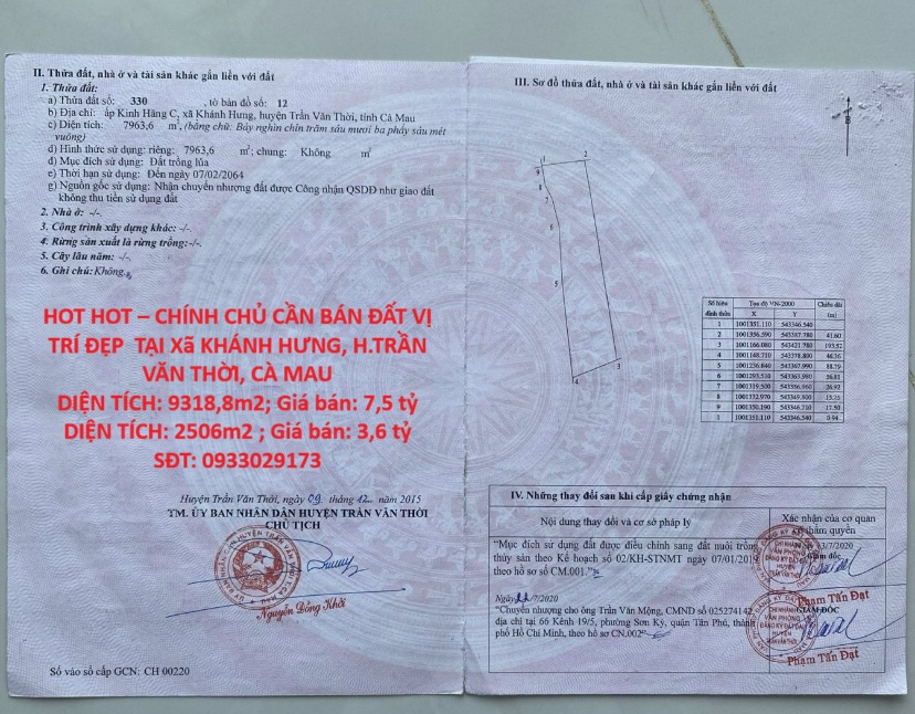 HOT HOT – CHÍNH CHỦ CẦN BÁN ĐẤT VỊ TRÍ ĐẸP  TẠI Xã KHÁNH HƯNG, H.TRẦN VĂN THỜI, CÀ MAU 16018072
