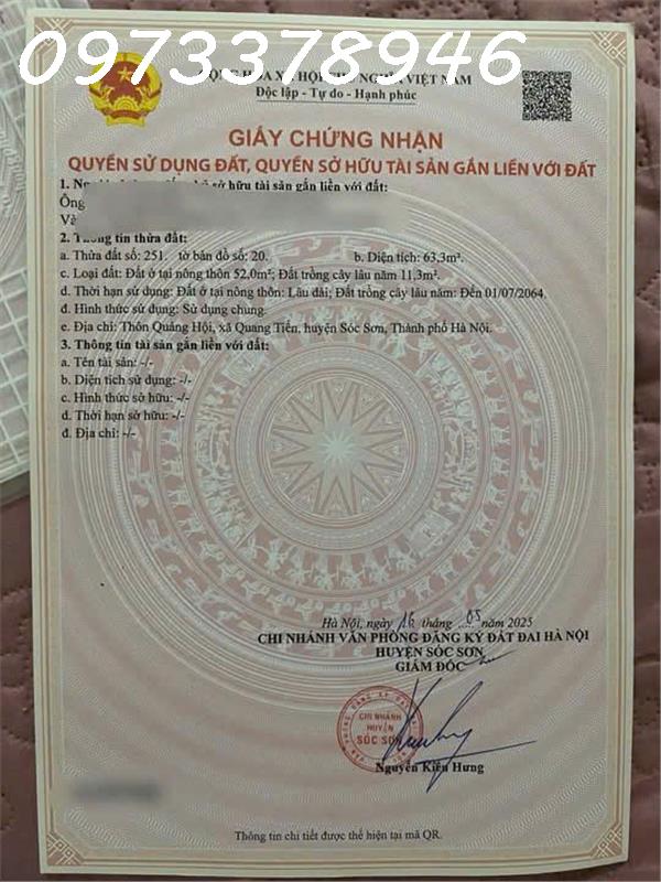 Chính chủ cần bán lô đất siêu đẹp tại xã Quang Tiến, Sóc Sơn, DT 63.3m2, giá đầu tư 16018097