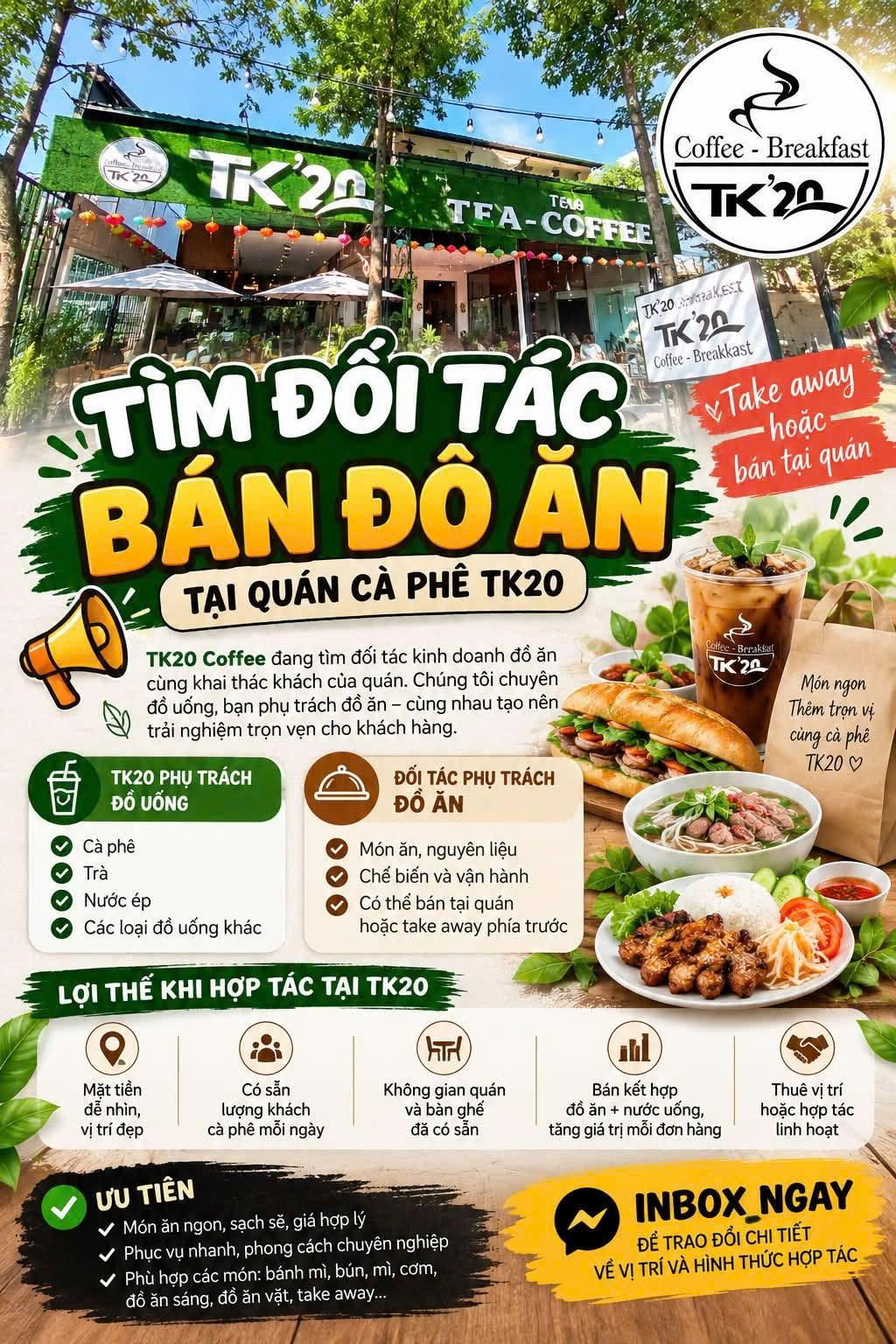 CÓ MÓN ĂN NGON – ĐANG TÌM MẶT BẰNG BÁN HÀNG? TK20 COFFEE ĐANG TÌM ĐỐI TÁC! ĐC 113 Võ Văn Kiệt, Cái 16018516