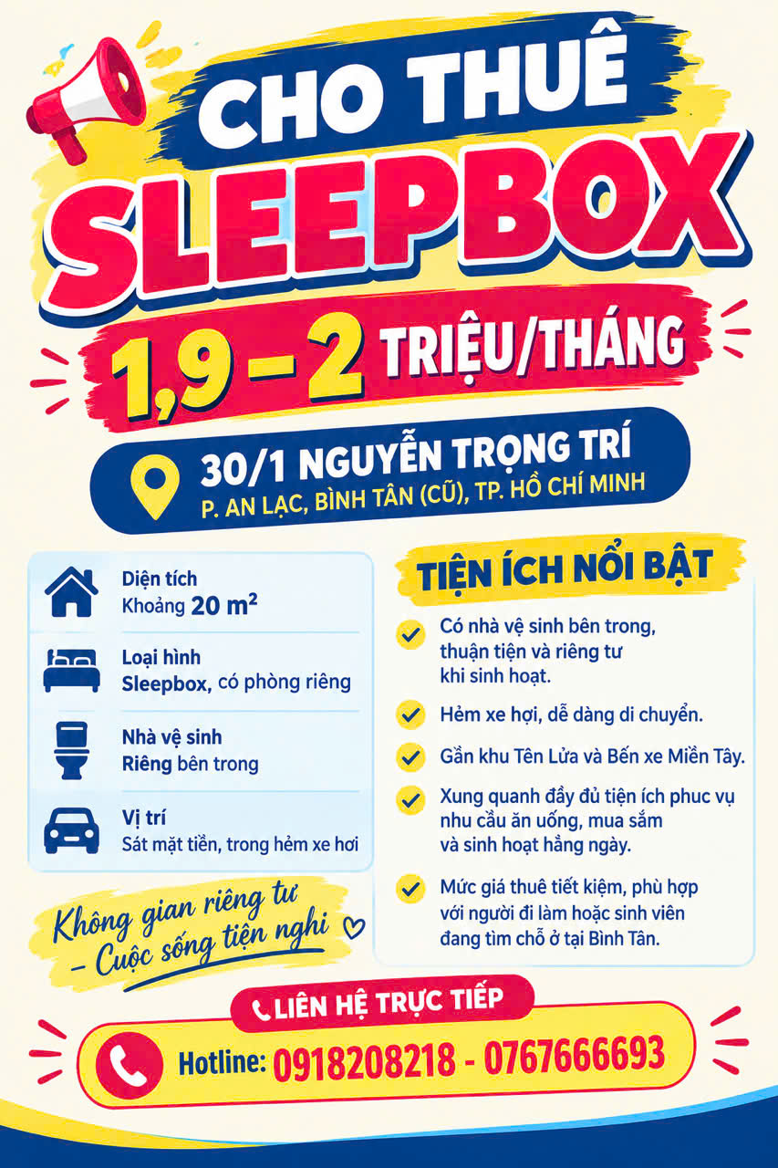 CHO THUÊ SLEEPBOX 1,9–2 TRIỆU/THÁNG – 30/1 NGUYỄN TRỌNG TRÍ, P. AN LẠC, BÌNH TÂN 16018972