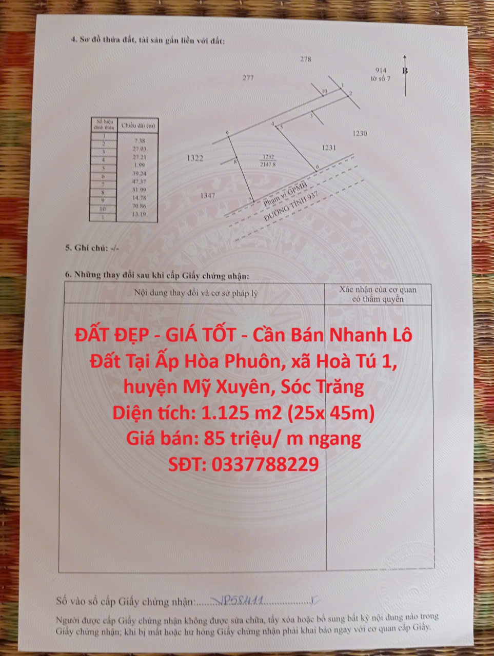 ĐẤT ĐẸP - GIÁ TỐT - Cần Bán Nhanh Lô Đất Tại Ấp Hòa Phuôn, xã Hoà Tú 1, huyện Mỹ Xuyên, Sóc Trăng 16019359