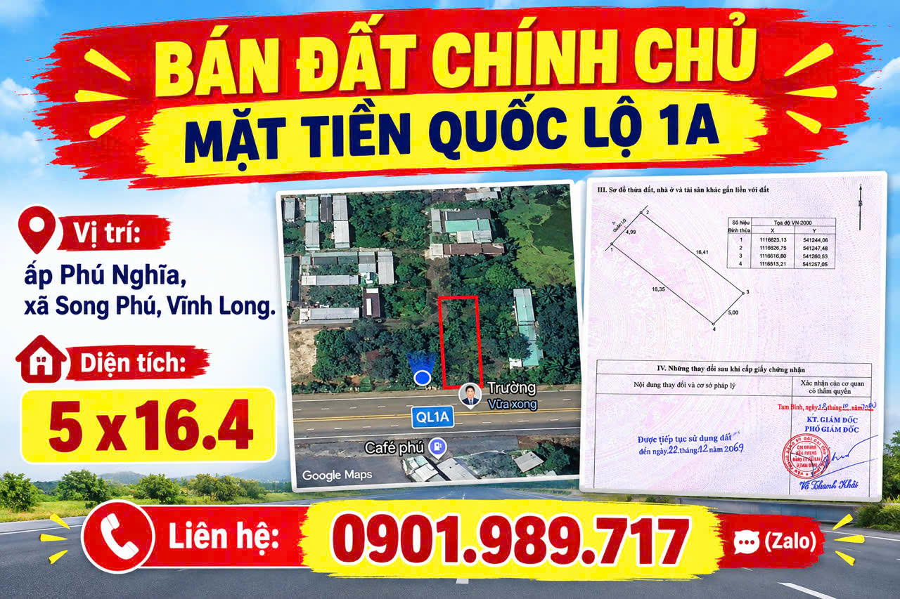 CHÍNH CHỦ CẦN BÁN LÔ ĐẤT 80,3m2 MẶT TIỀN QUỐC LỘ 1A
 16020122