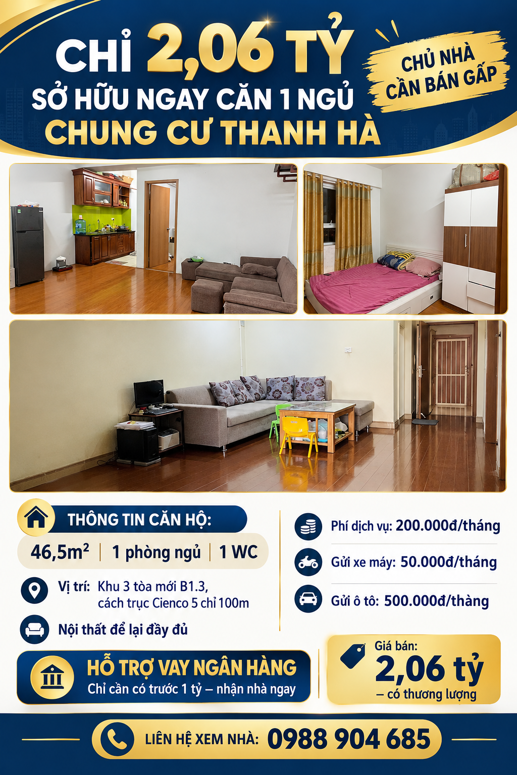 Chỉ 2,06 Tỷ – Sở Hữu Ngay Căn 1 Ngủ Tòa Mới Chung Cư Thanh Hà 16020141