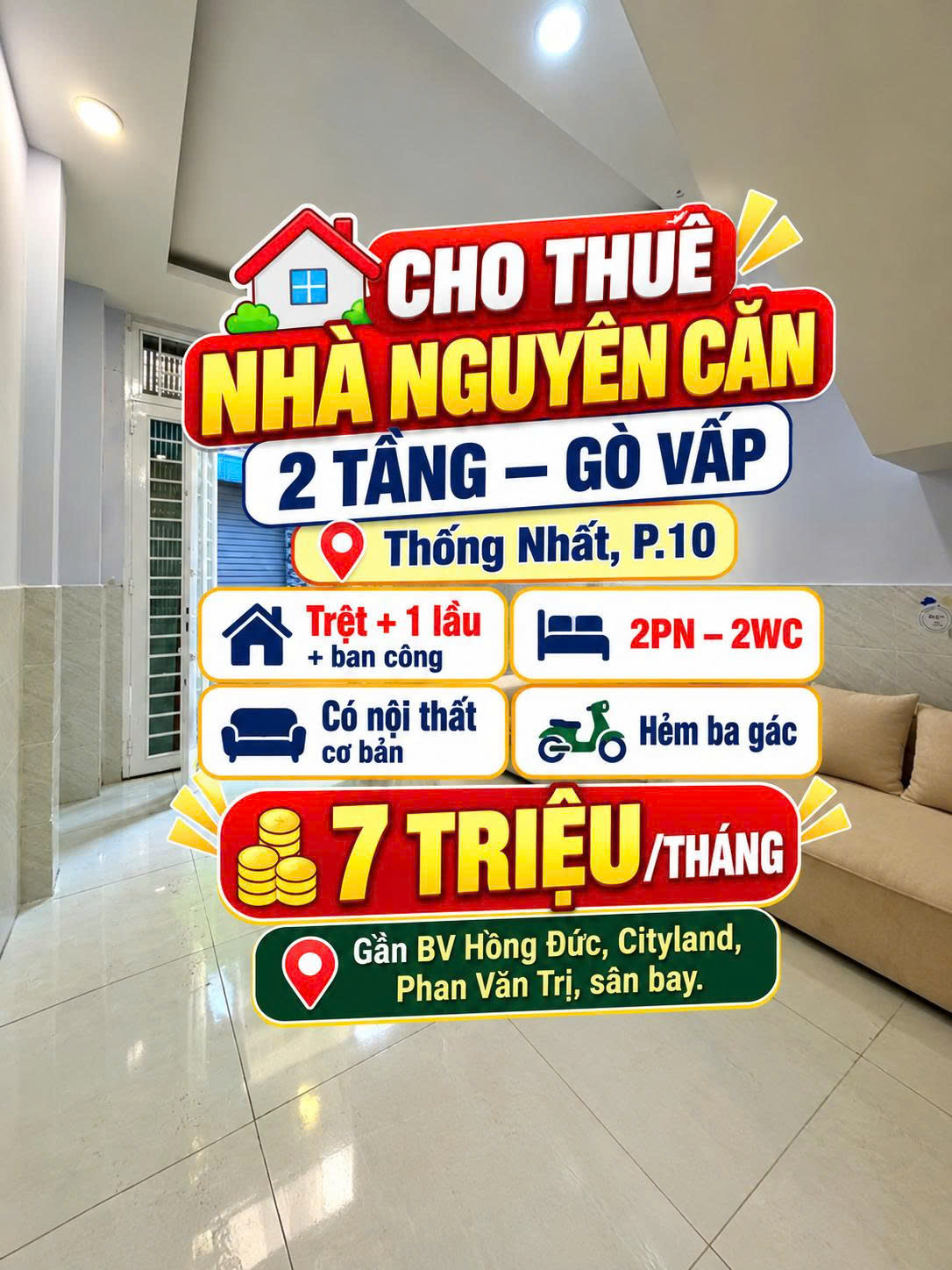 Cho thuê nhà Gò Vấp gần BV Hồng Đức  chỉ 7 trieu , 2pn 2wc 16020255