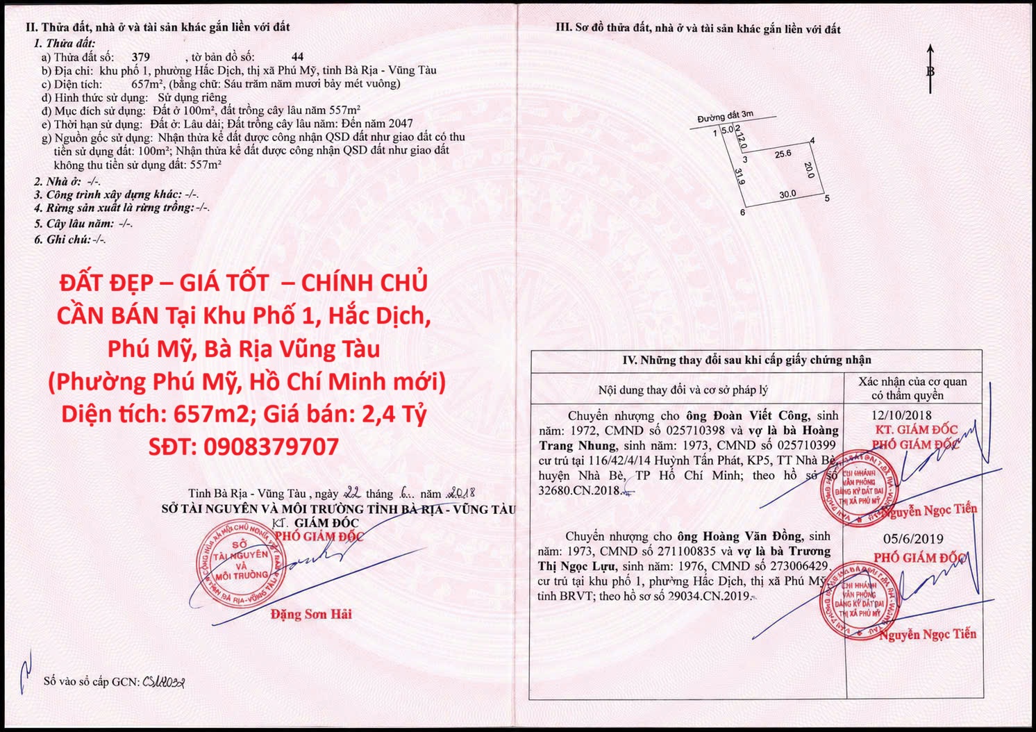 ĐẤT ĐẸP – GIÁ TỐT  – CHÍNH CHỦ CẦN BÁN Tại Khu Phố 1, Hắc Dịch, Phú Mỹ, Bà Rịa Vũng Tàu 16021063