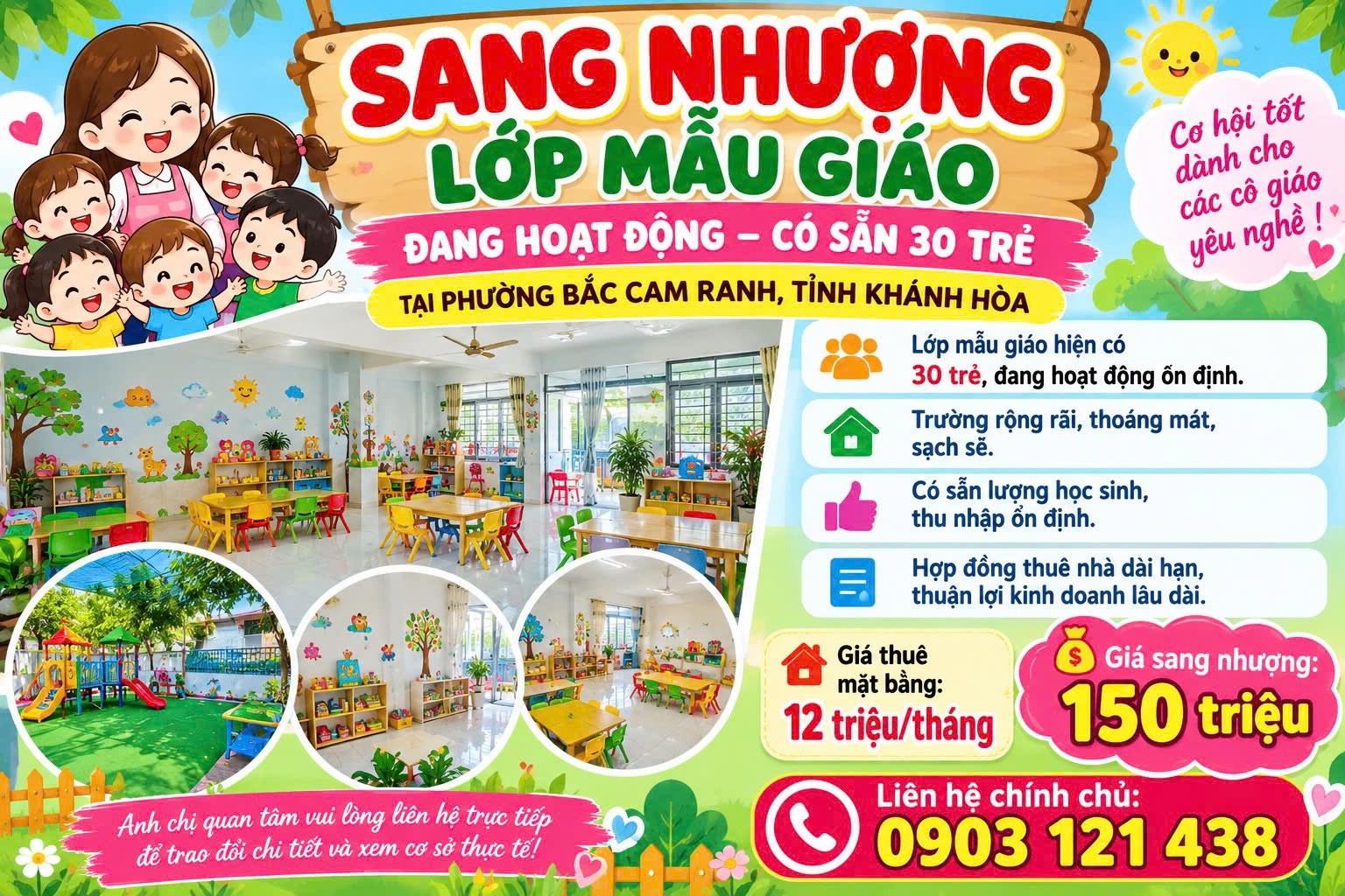 SANG NHƯỢNG LỚP MẪU GIÁO ĐANG HOẠT ĐỘNG – CÓ SẴN 30 TRẺ TẠI Phường Bắc Cam Ranh KHÁNH HÒA có giấy 16021317