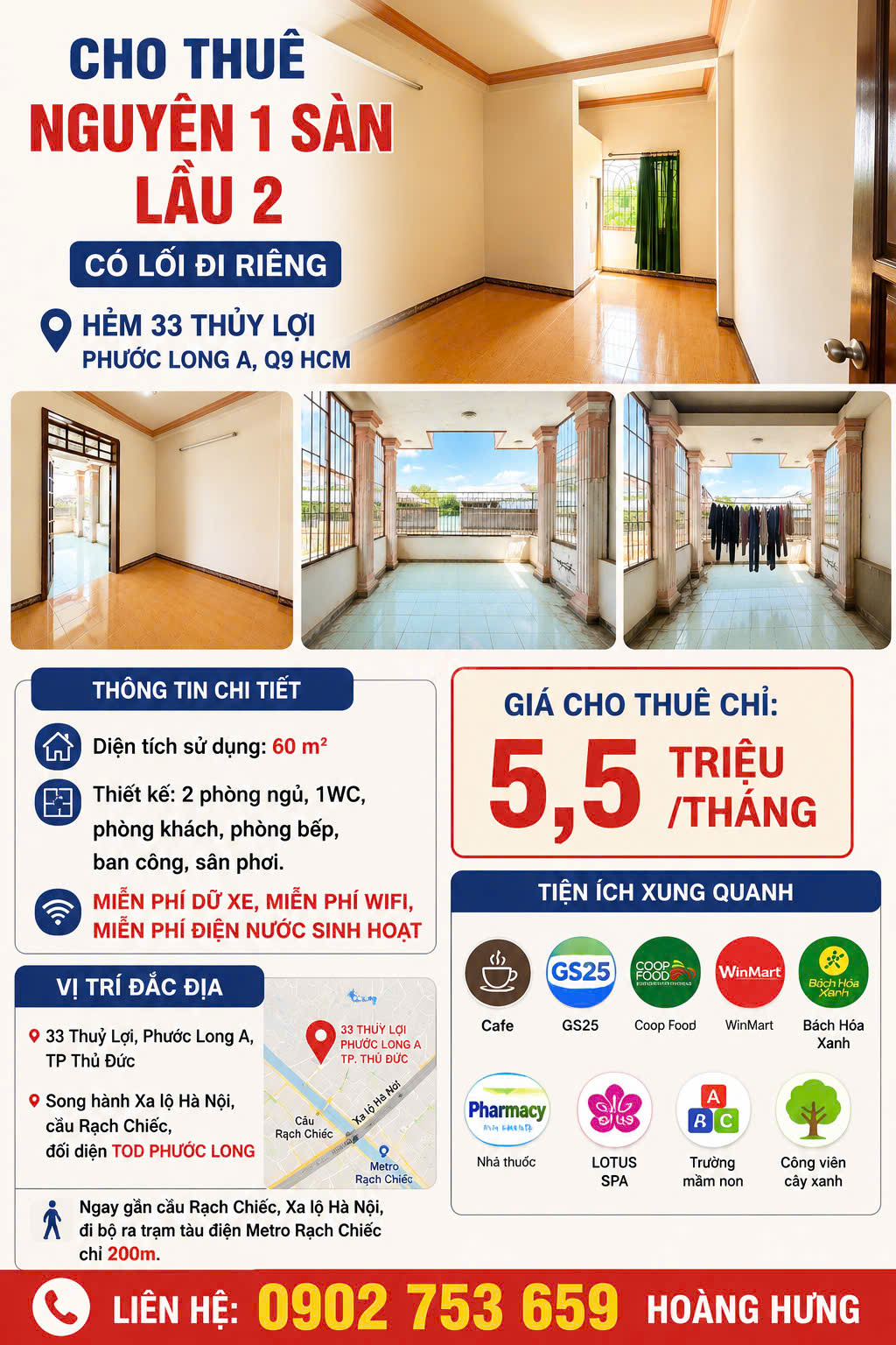 CHO THUÊ 60m2 , NGUYÊN 1 SÀN LẦU 2 , CÓ LỐI DI RIÊNG, TẠI HẺM 33 THUỶ LỢI , PHƯỚC LONG A, Q9 HCM 16021357