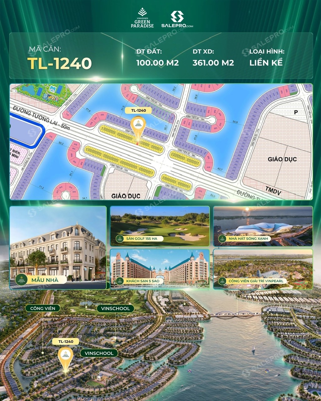 Kính gửi Anh/Chị thông tin căn:🔹 Mã căn: TL-1240 Nhà Phố 100m2 Khu Vịnh Tiên 16021464