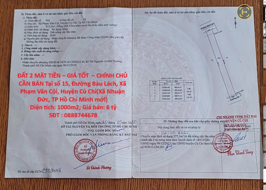 ĐẤT 2 MẶT TIỀN – GIÁ TỐT  – CHÍNH CHỦ CẦN BÁN Tại số 15, Đường Bàu Lách, Xã Phạm Văn Cội, Huyện Củ 16022350